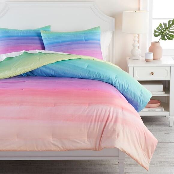 PB Teen Watercolor Rainbow Ombré Comforter and Sham Full Pottery Barn Teen
